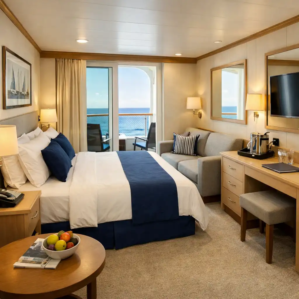 Modern cruise ship balcony cabin interior with a neatly made bed, seating area, and open balcony door revealing ocean and sky