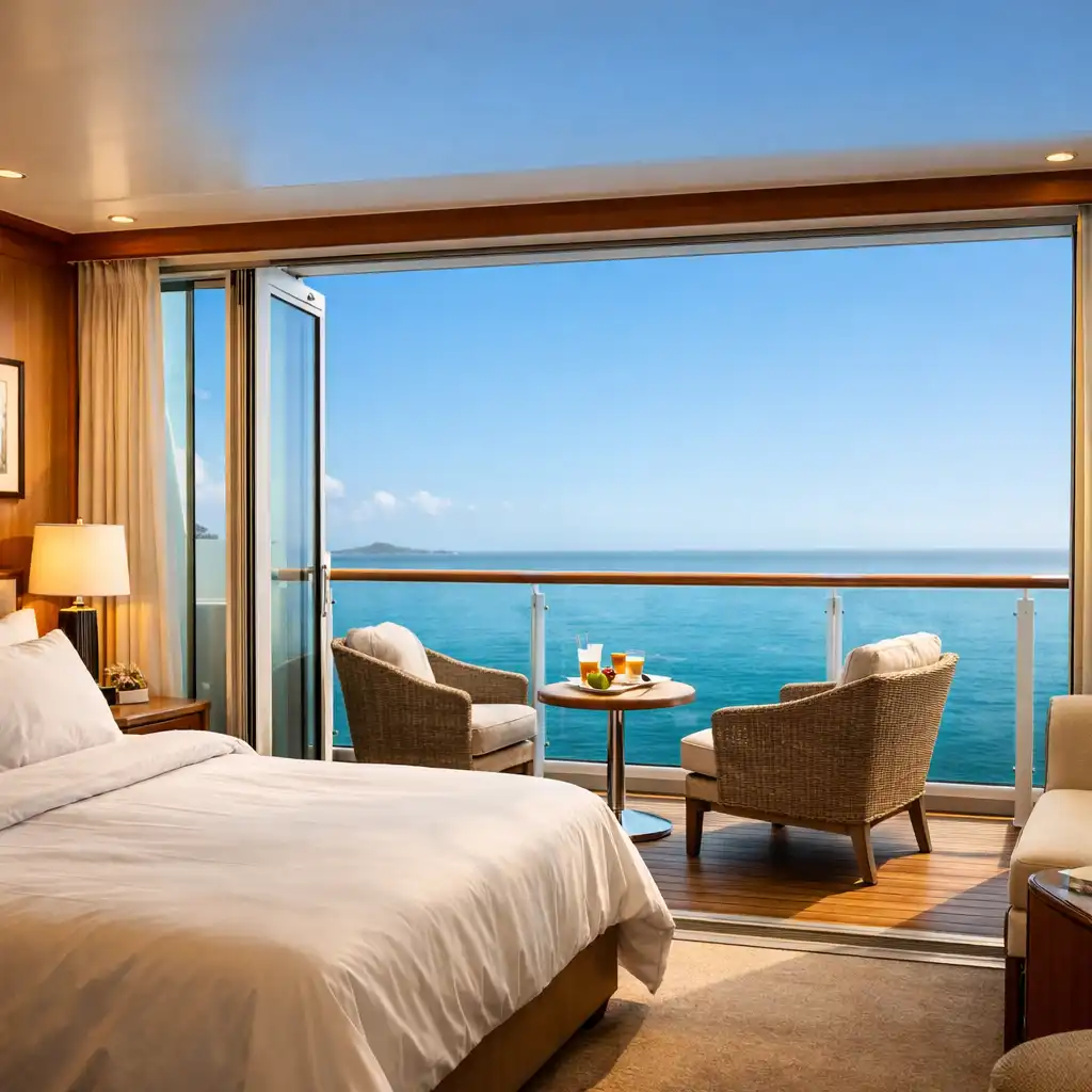 A luxurious cruise ship balcony cabin with open glass doors revealing a private balcony and calm turquoise ocean view