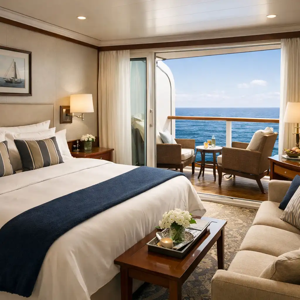Luxurious balcony cabin with premium linens, sitting area, and private balcony overlooking the ocean