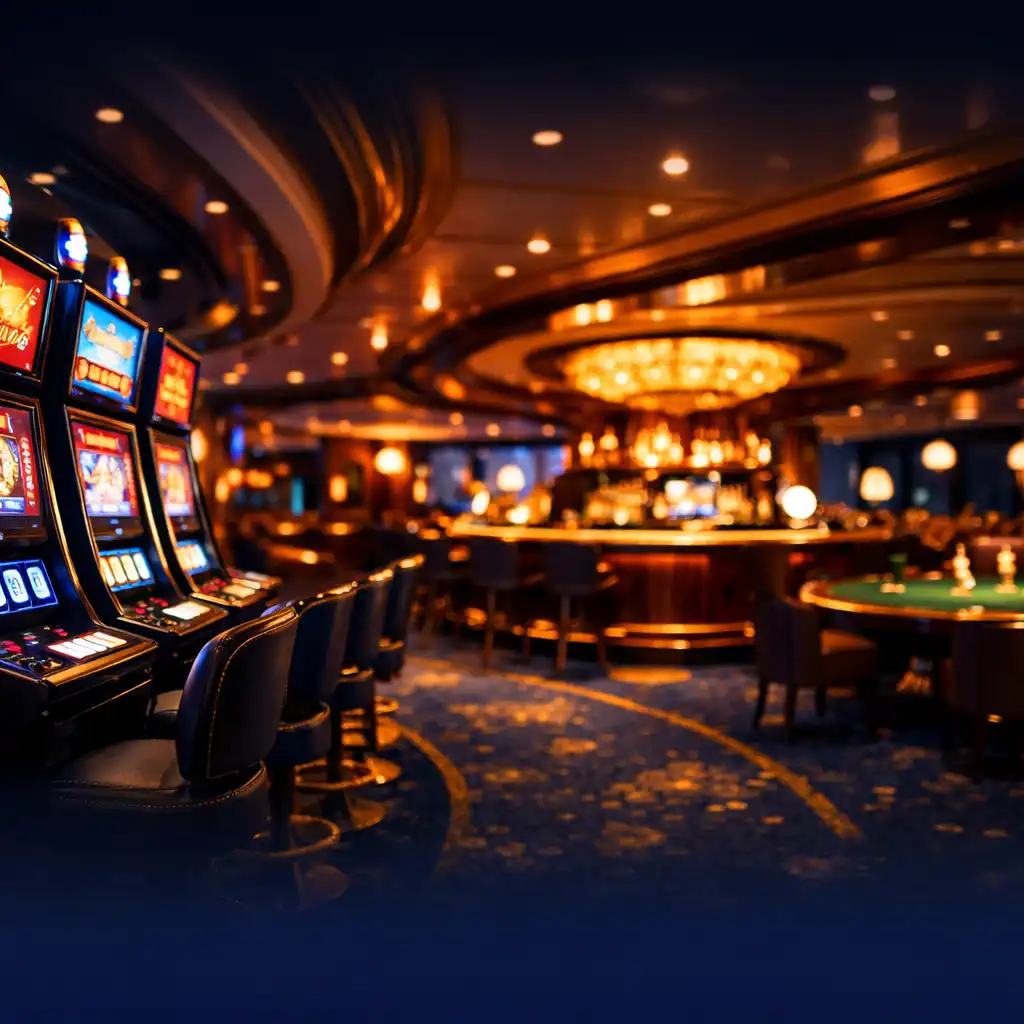 Luxurious cruise ship casino interior at night with glowing slot machines, a central bar, and warm navy and gold decor