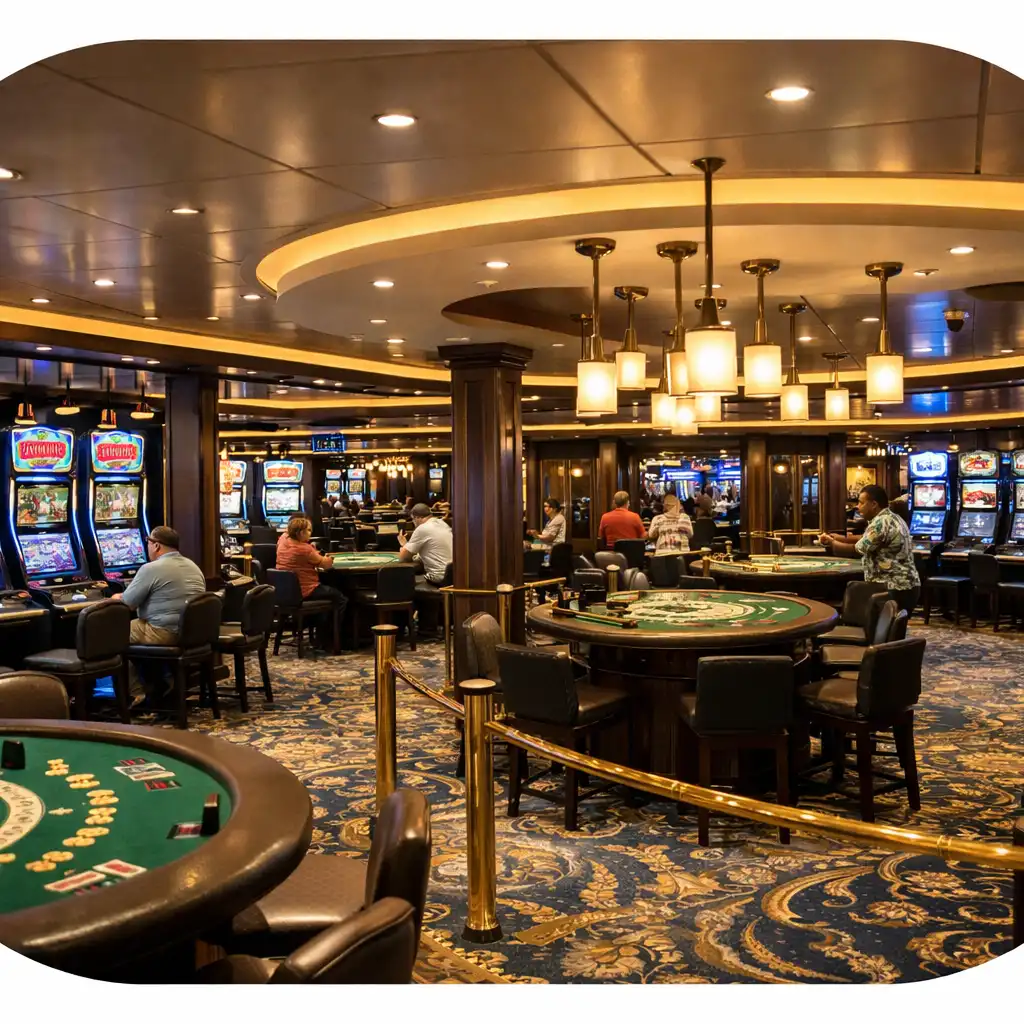 Wide-angle view of a modern cruise ship casino interior with slot machines, table games, dark wood panelling, and warm pendant lighting