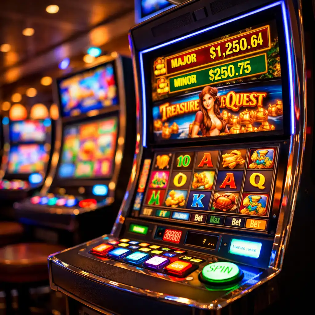 Close-up of a row of modern video slot machines with vibrant glowing screens in a cruise ship casino