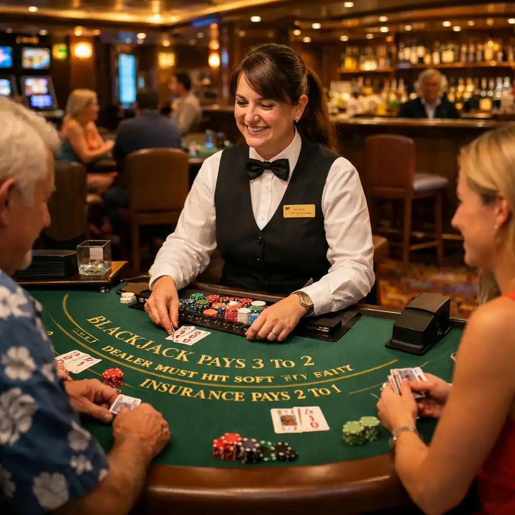 Blackjack table with a dealer and players, green felt surface, gold lettering, and warm focused lighting