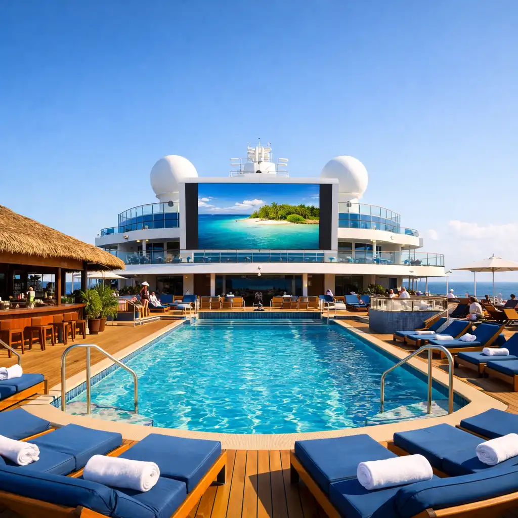 Wide-angle view of a modern cruise ship main pool deck with teak loungers, a pool bar, and ocean horizon beyond