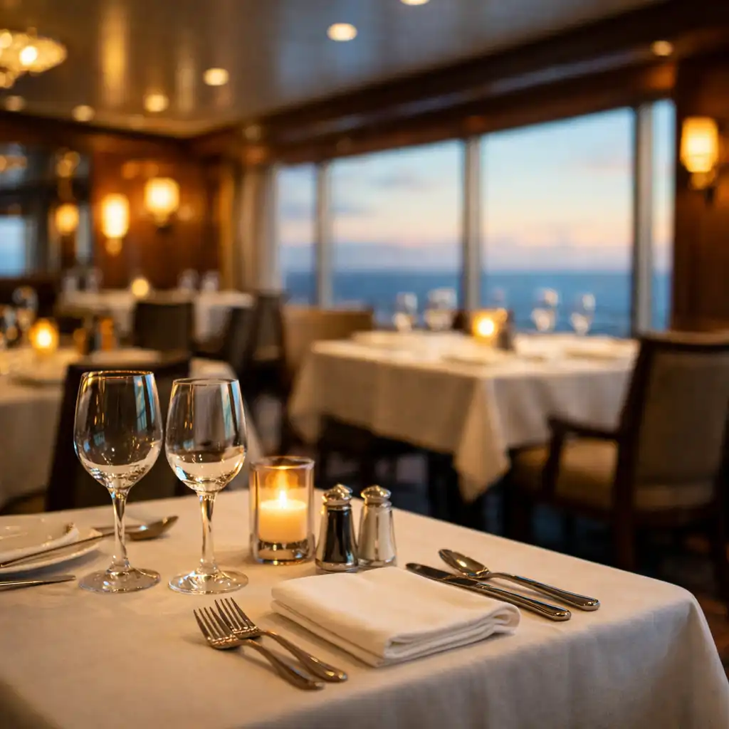 Elegant cruise ship specialty restaurant with warm wood accents, white linens, and ocean view