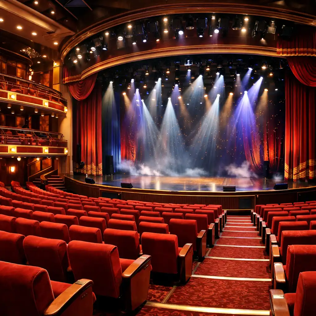 Grand cruise ship theatre with plush red seats, large stage, and dramatic lighting