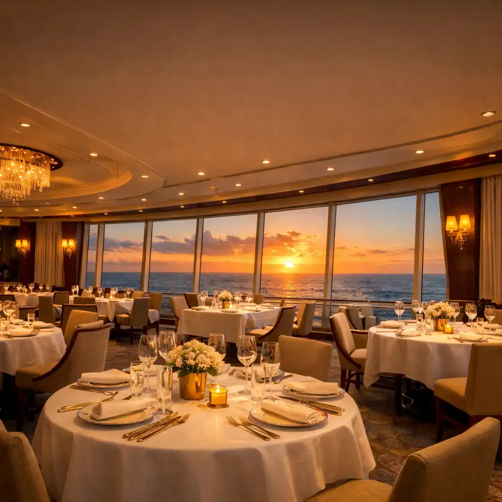 Luxurious cruise ship restaurant with floor-to-ceiling windows overlooking the ocean at sunset