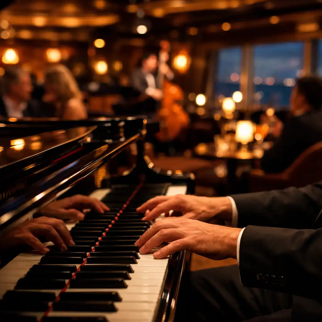 A pianist performing in a cosy jazz lounge on a cruise ship