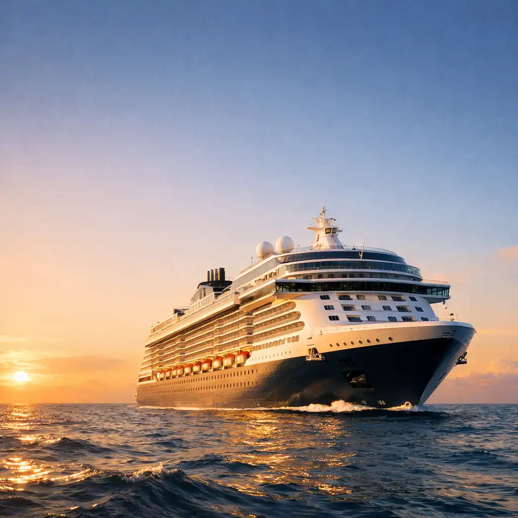 A modern luxury cruise ship sailing on calm deep-blue ocean at golden hour