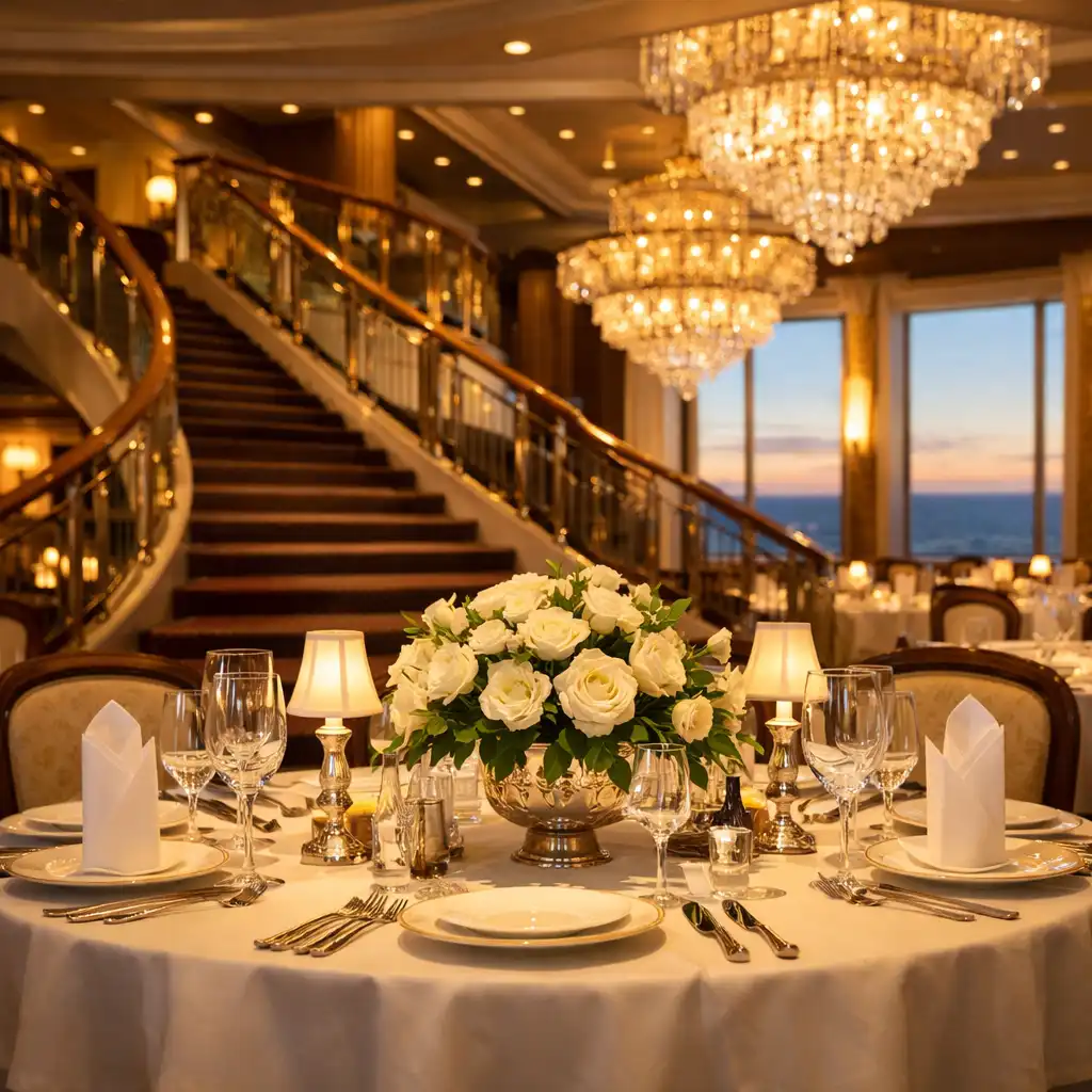 Elegant main dining room with grand staircase, crystal chandeliers, and tables set with fine china