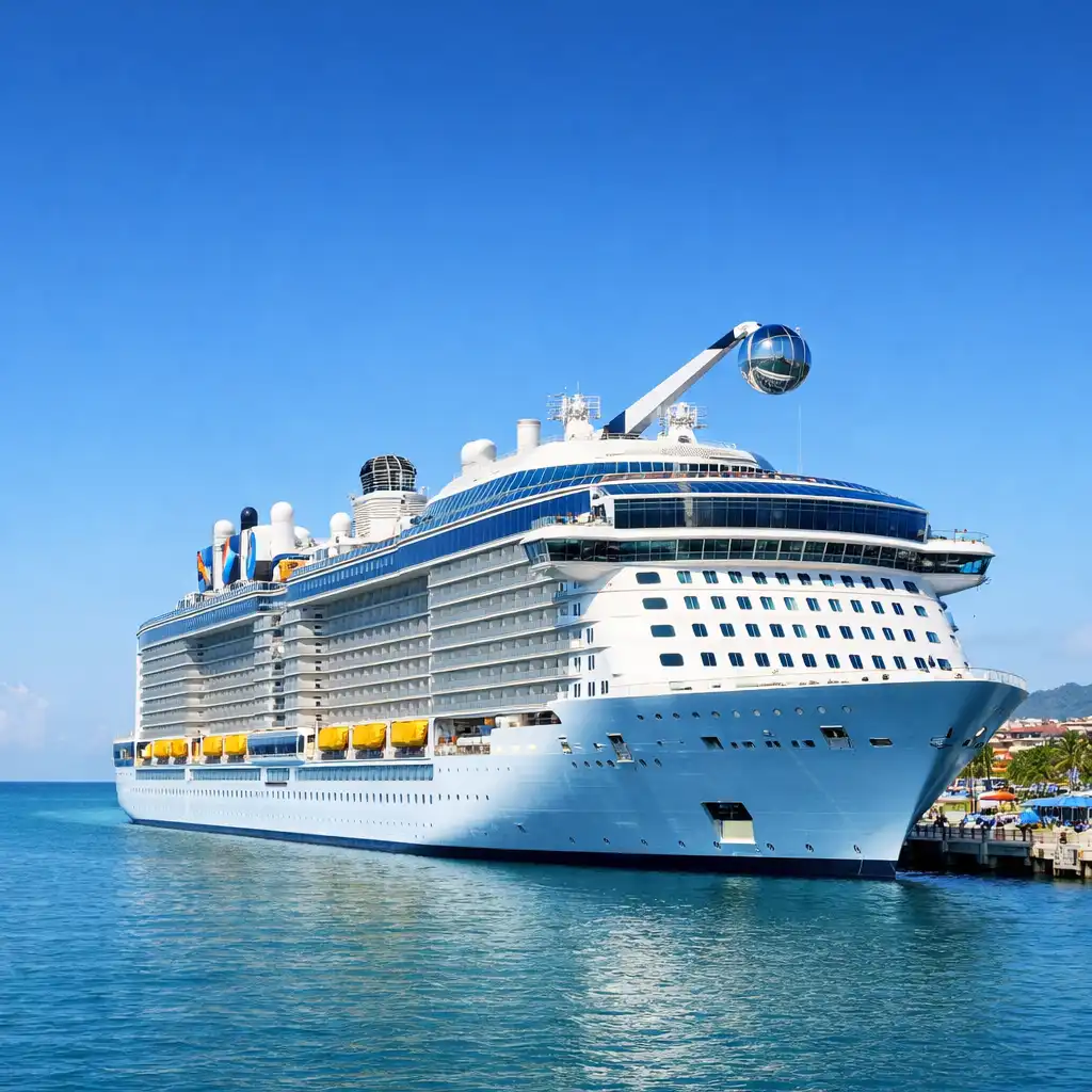 Quantum of the Seas docked at a tropical port with its North Star observation capsule visible