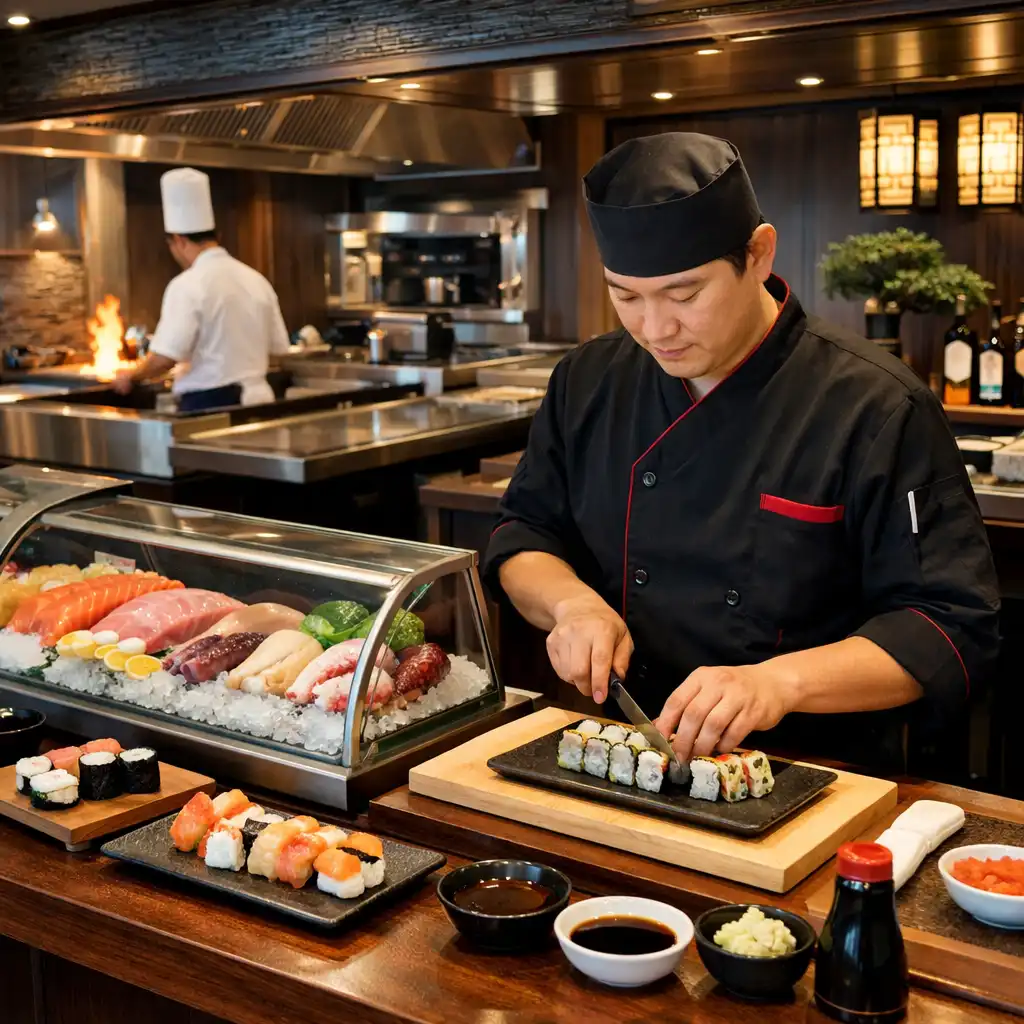 Modern Asian fusion restaurant with sushi bar and teppanyaki grill
