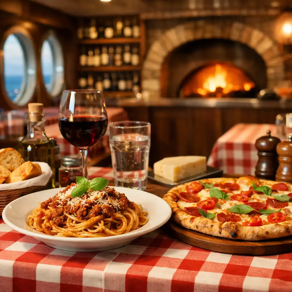 Cosy Italian trattoria with rustic decor, checkered tablecloths, and a table with pasta and pizza