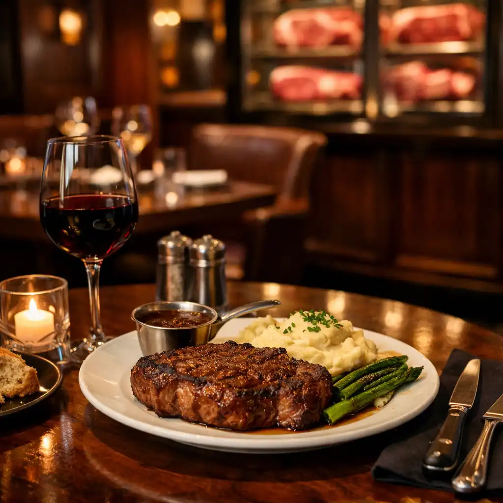 Premium steakhouse restaurant with dark wood panelling and a table set with steak dinner and red wine