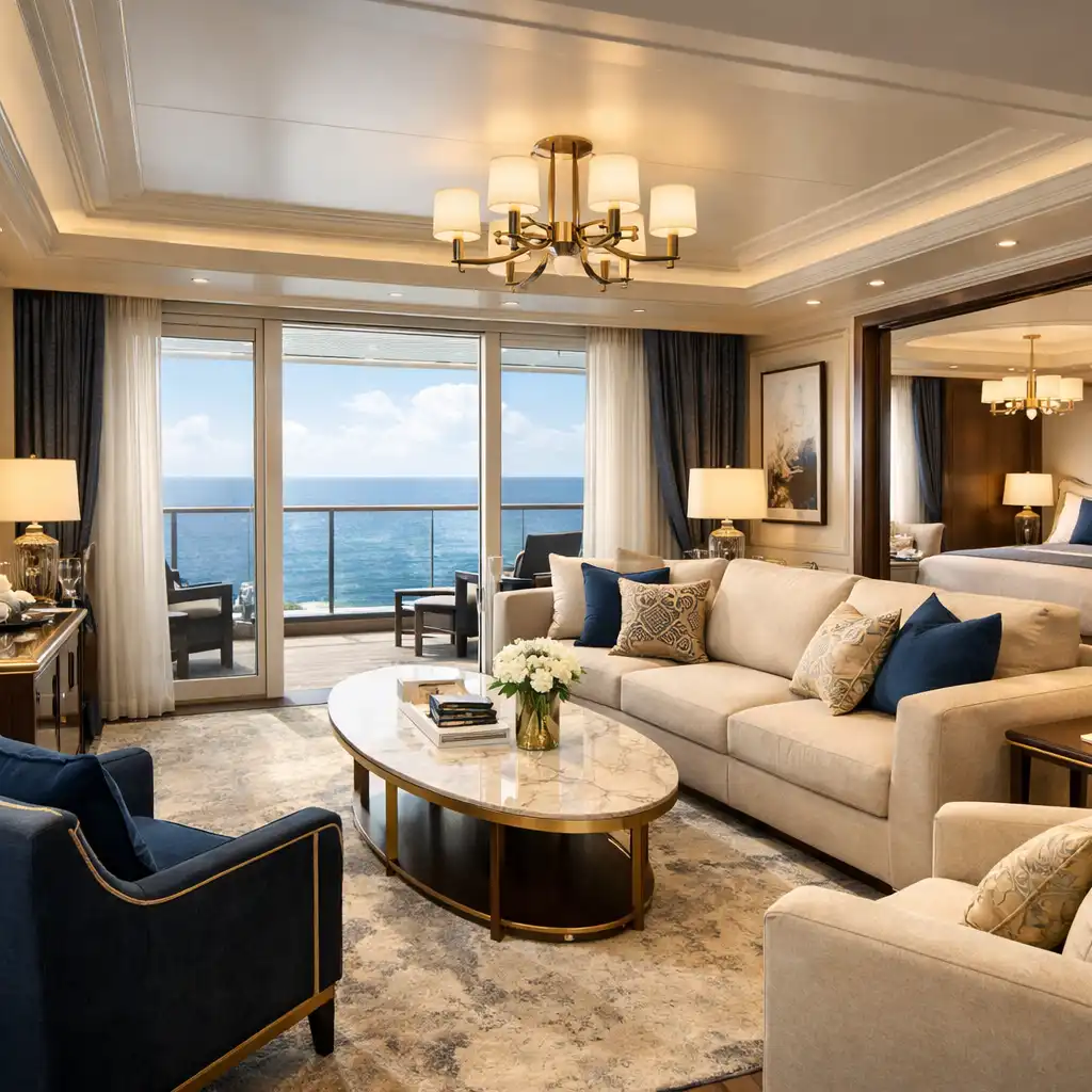 Spacious cruise ship suite living area with large sofa, coffee table, and floor-to-ceiling windows overlooking the sea