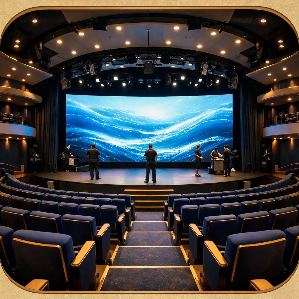 Interior of a modern cruise ship theatre with a stage set and ambient lighting