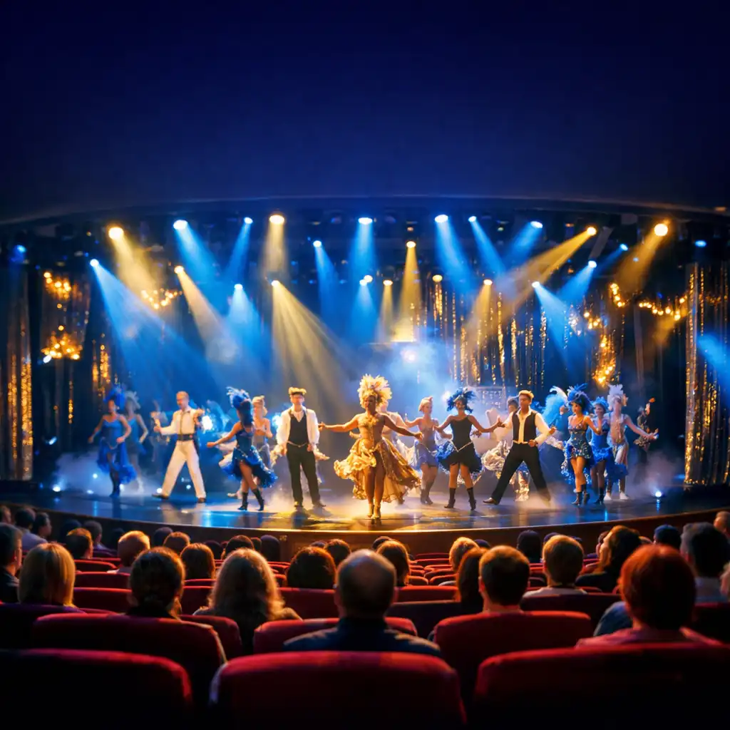 A grand cruise ship theatre during a live production show with dramatic blue and gold lighting